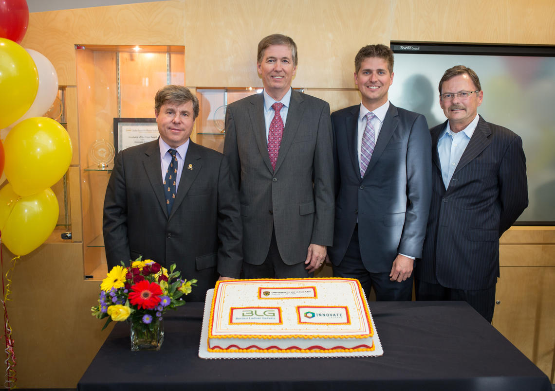 From left: Ian Holloway, dean of law school; David Whelan, managing partner of BLG's Calgary office; Matt Bell, third-year law student; Ken Porter, vice-president intellectual property management at Innovate Calgary. 