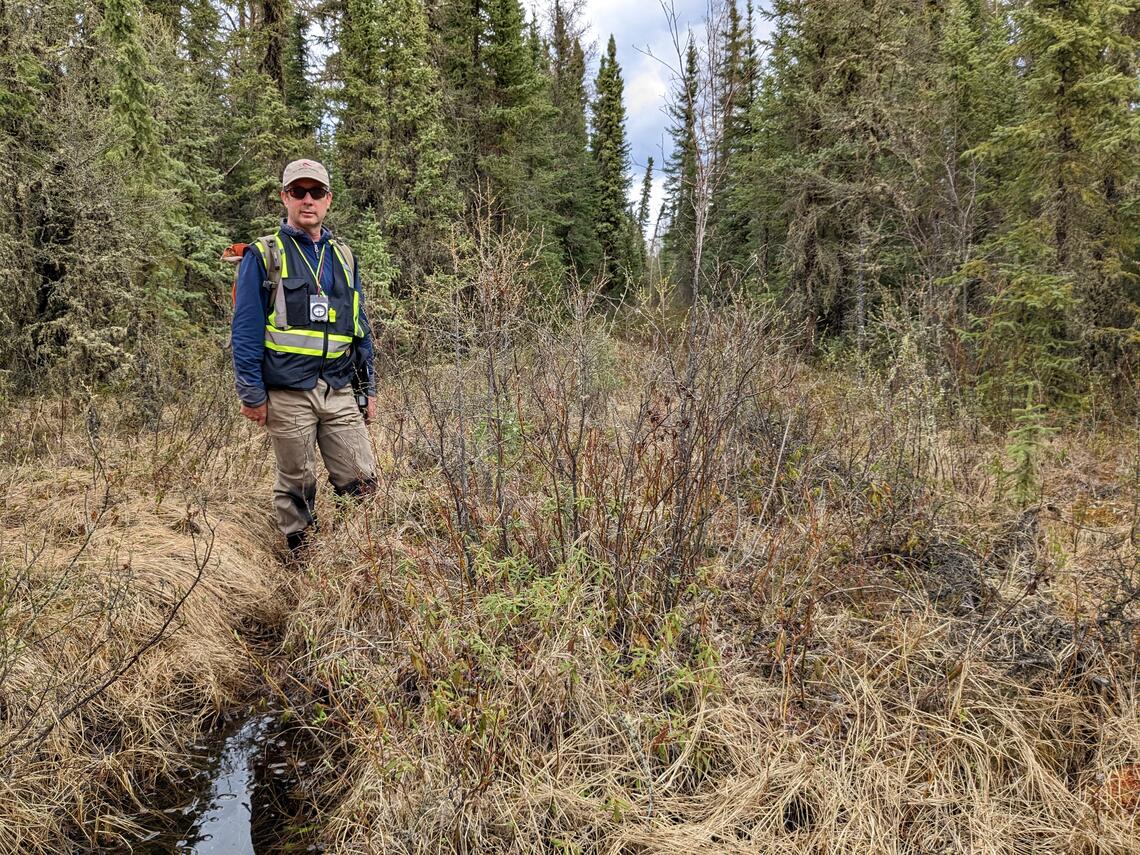 Greg McDermid standing in a seismic line.