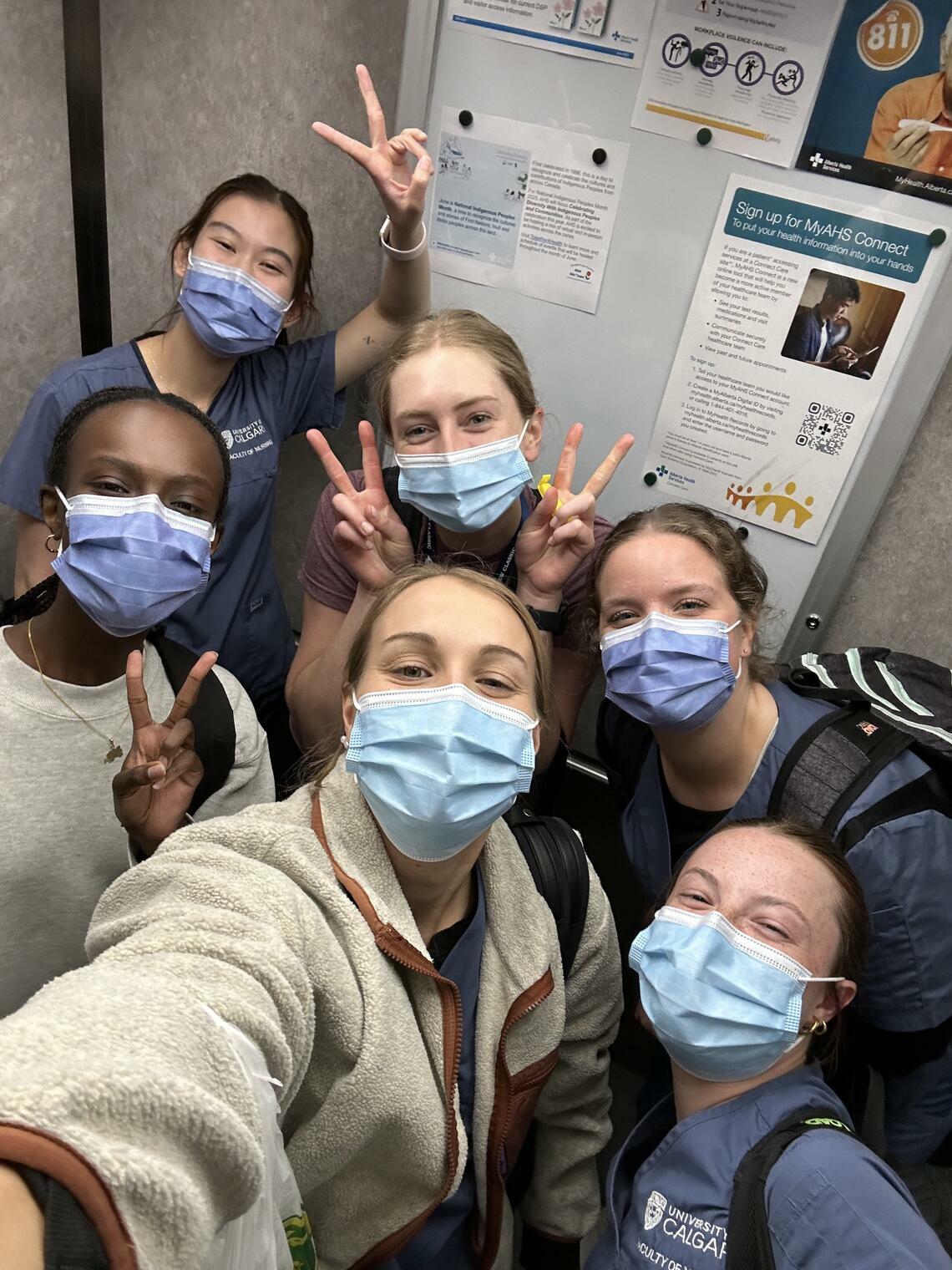 Rebecca and friends in her Term 7 clinical group after the completion of a shift on the postpartum unit. 