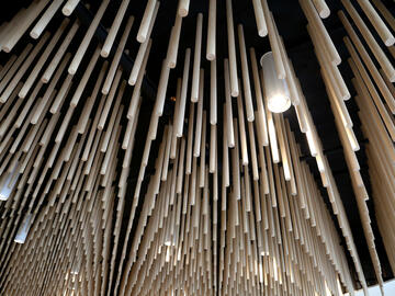 A 'forest' of some 3000 dowels hangs from the ceiling.