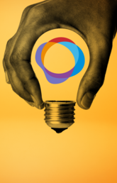 Yellow background with a hand holding the base of a lightbulb in the top right corner, the Canadian Innovation Space logo within the hand.