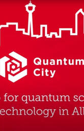 A red visual with a white outline of the Calgary skyline and the words 'Quantum City' below it
